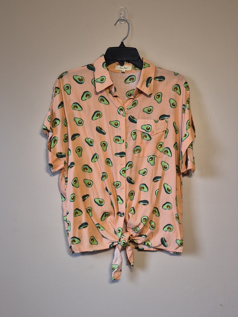 Love Notes Pink Avocado Print Button-Front Tie Shirt